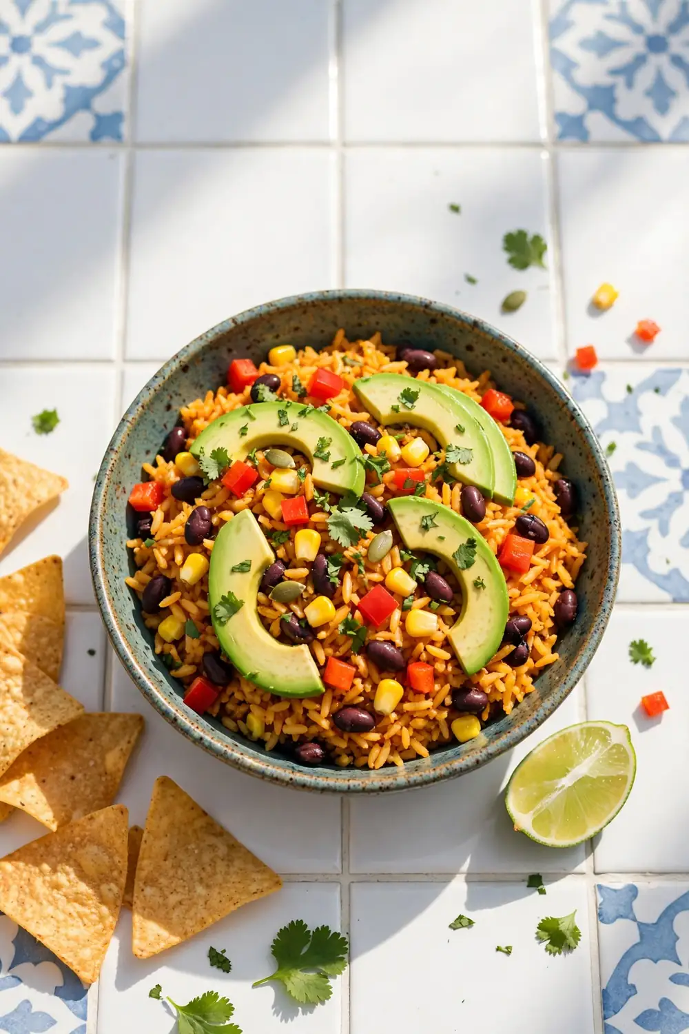 Fiesta bowl of pumpkin rice with black beans and corn