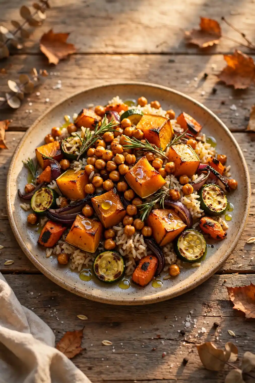 Roasted vegetable medley with pumpkin, rice, and chickpeas