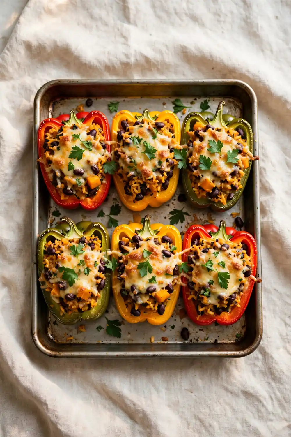Savory stuffed peppers filled with pumpkin rice and black beans