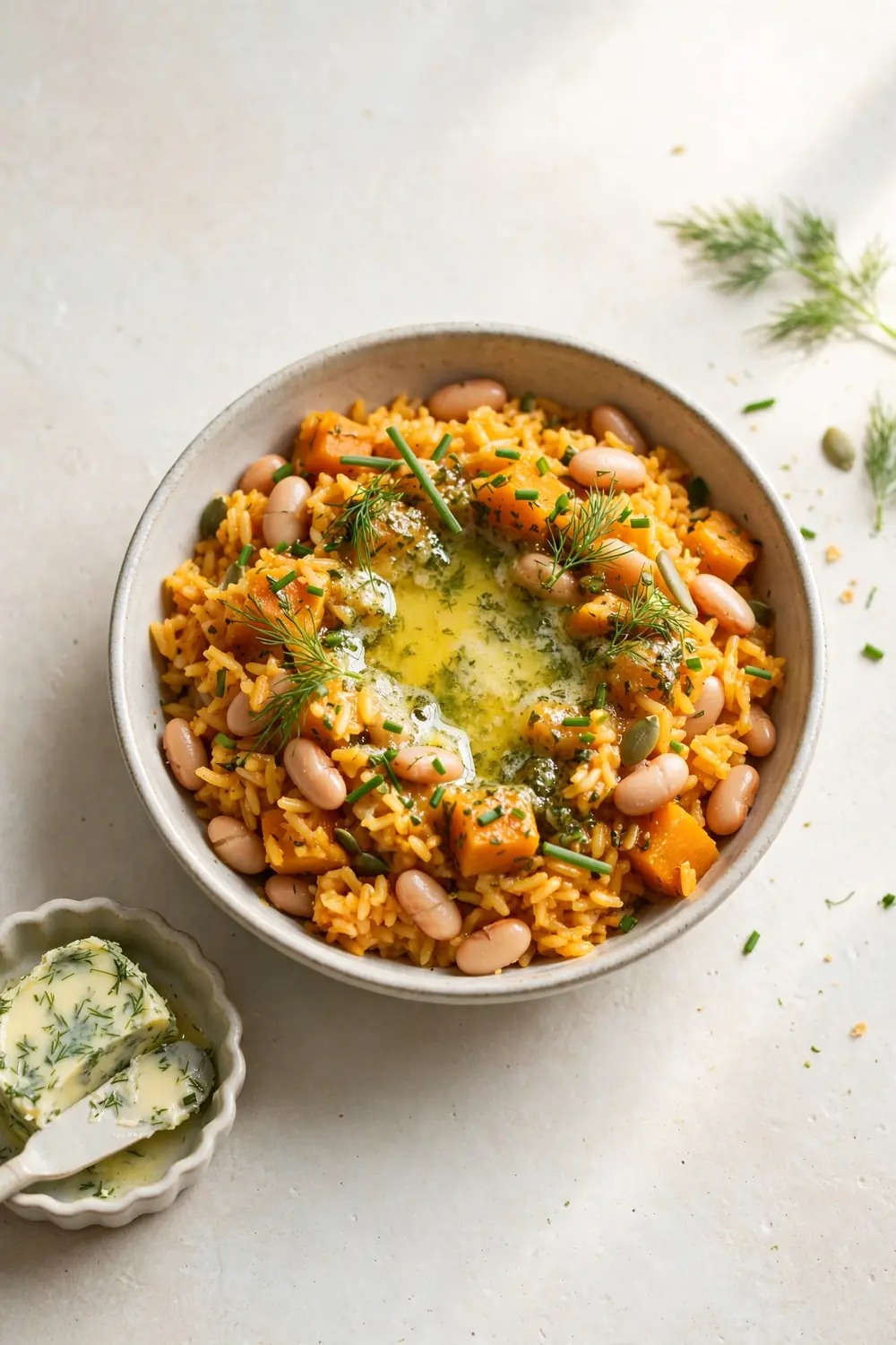 Herb butter bowl of pumpkin rice with cannellini beans