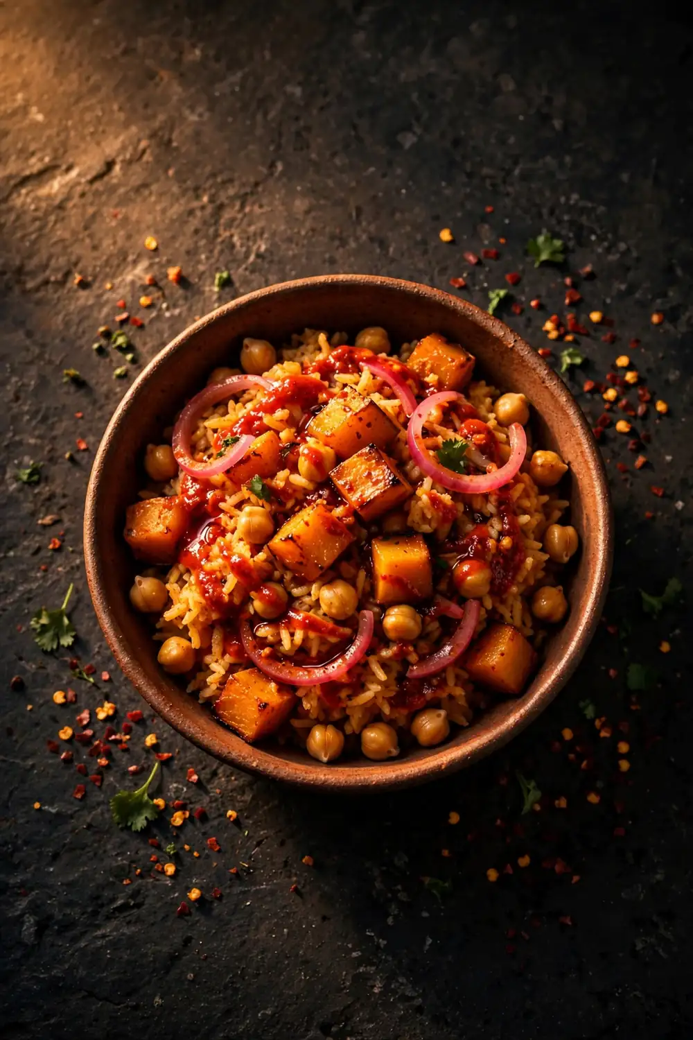 Spicy harissa bowl of pumpkin rice with chickpeas