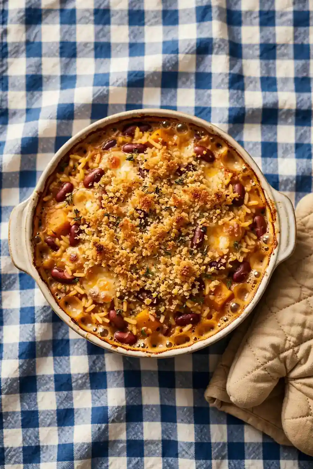 Baked pumpkin casserole with rice and kidney beans