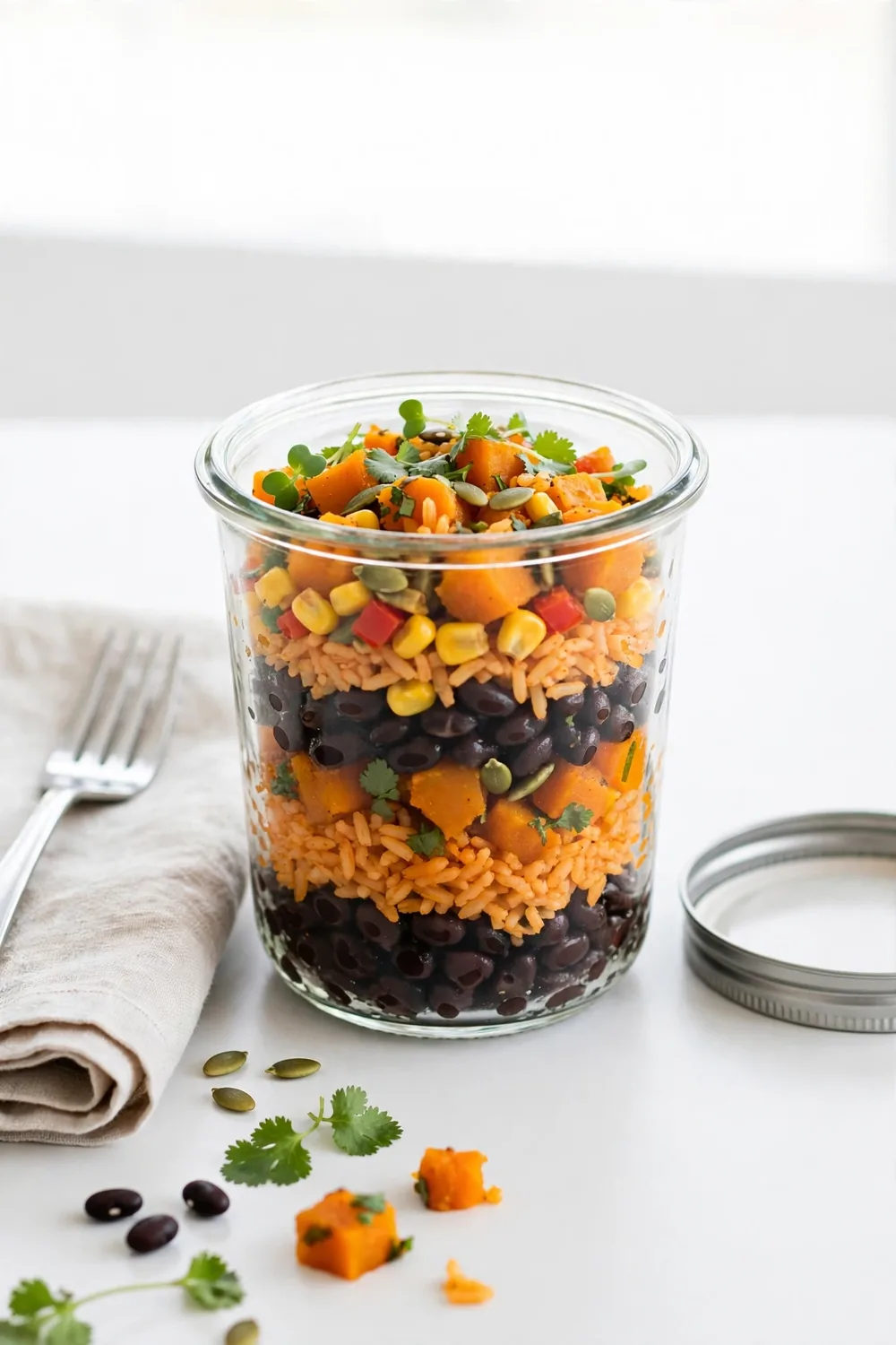 Quick lunch jar layered with pumpkin rice and black beans