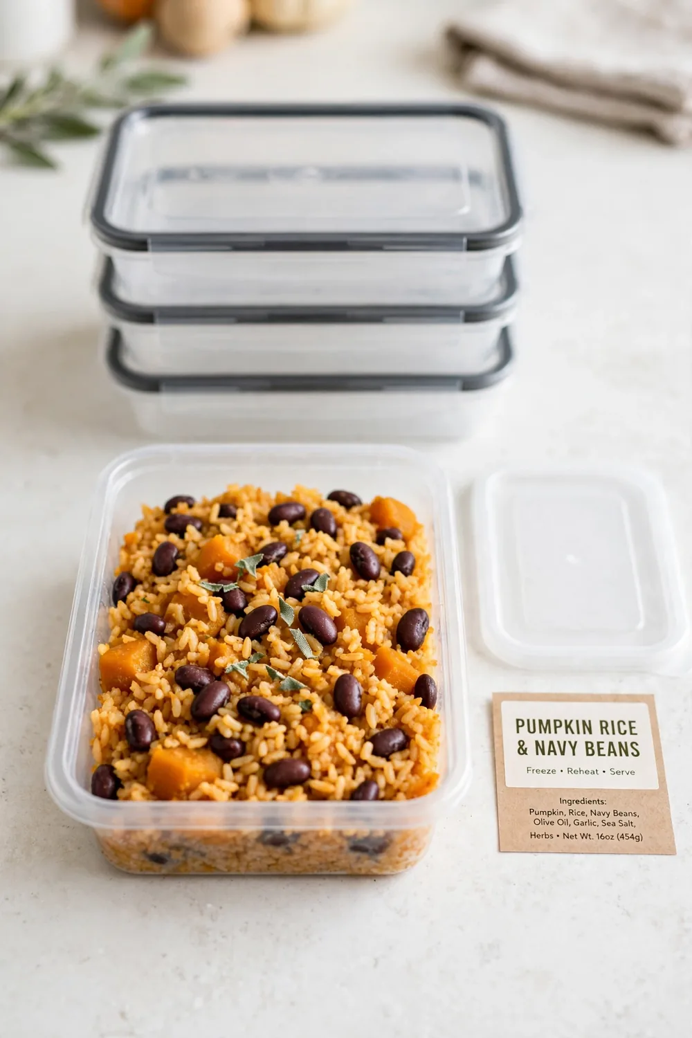 Cozy freezer meal container of pumpkin rice with navy beans