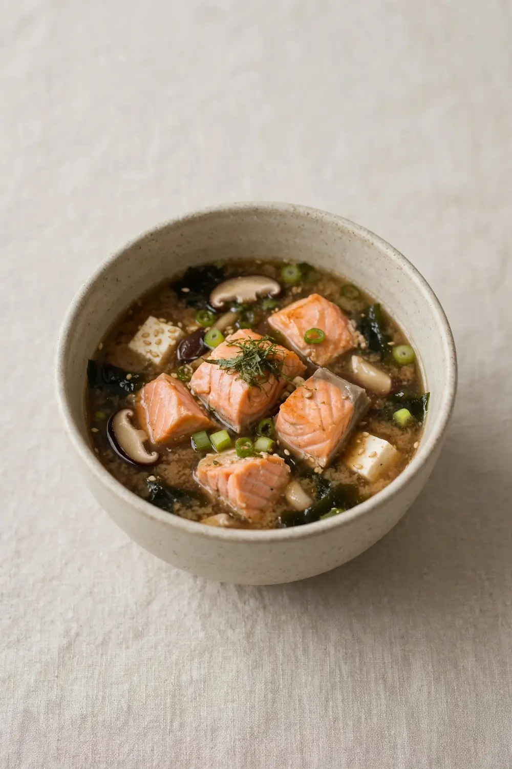 protein soups with salmon chunks in savory miso broth