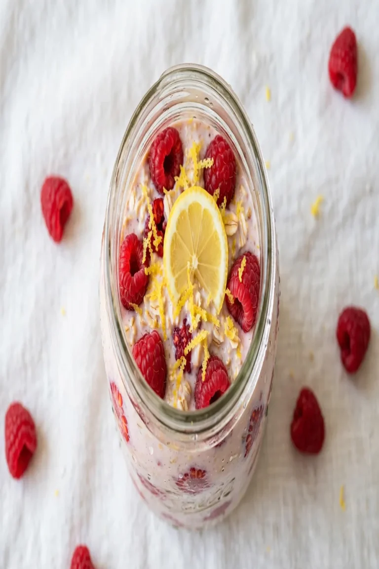 Classic raspberry and lemon overnight oats in a glass jar with fresh raspberries on top