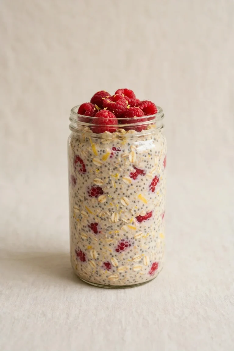 Classic raspberry and lemon overnight oats in a glass jar with fresh raspberries on top