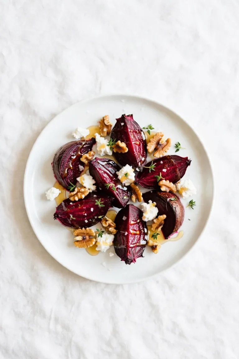 Roasted beets salad with goat cheese, walnuts, and honey