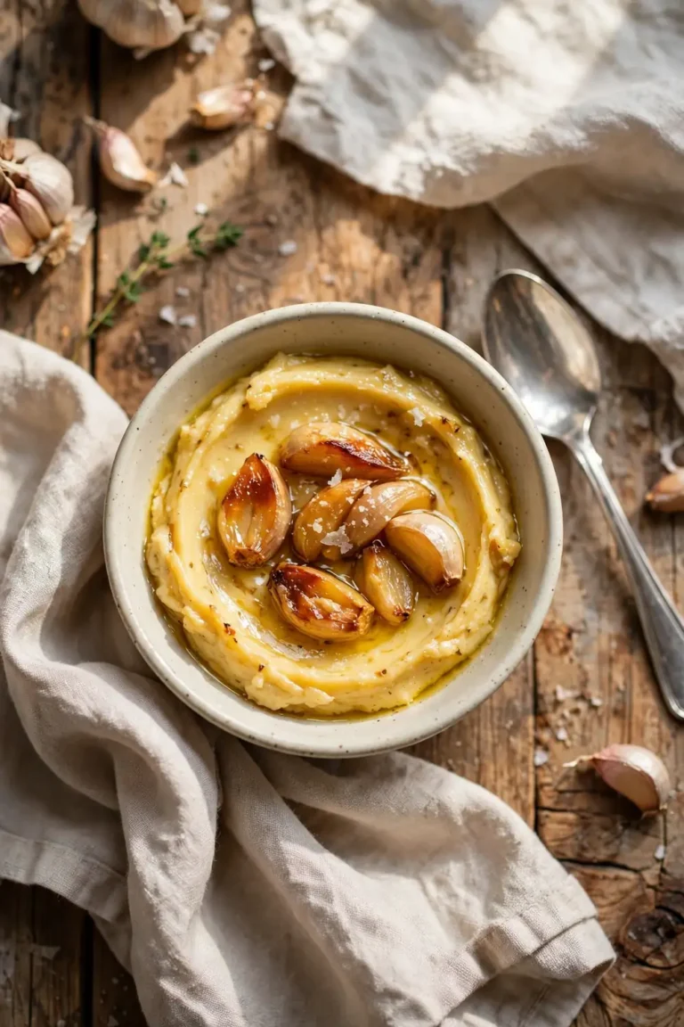 Golden garlic butter spread in a small bowl with roasted garlic heads and a spoon