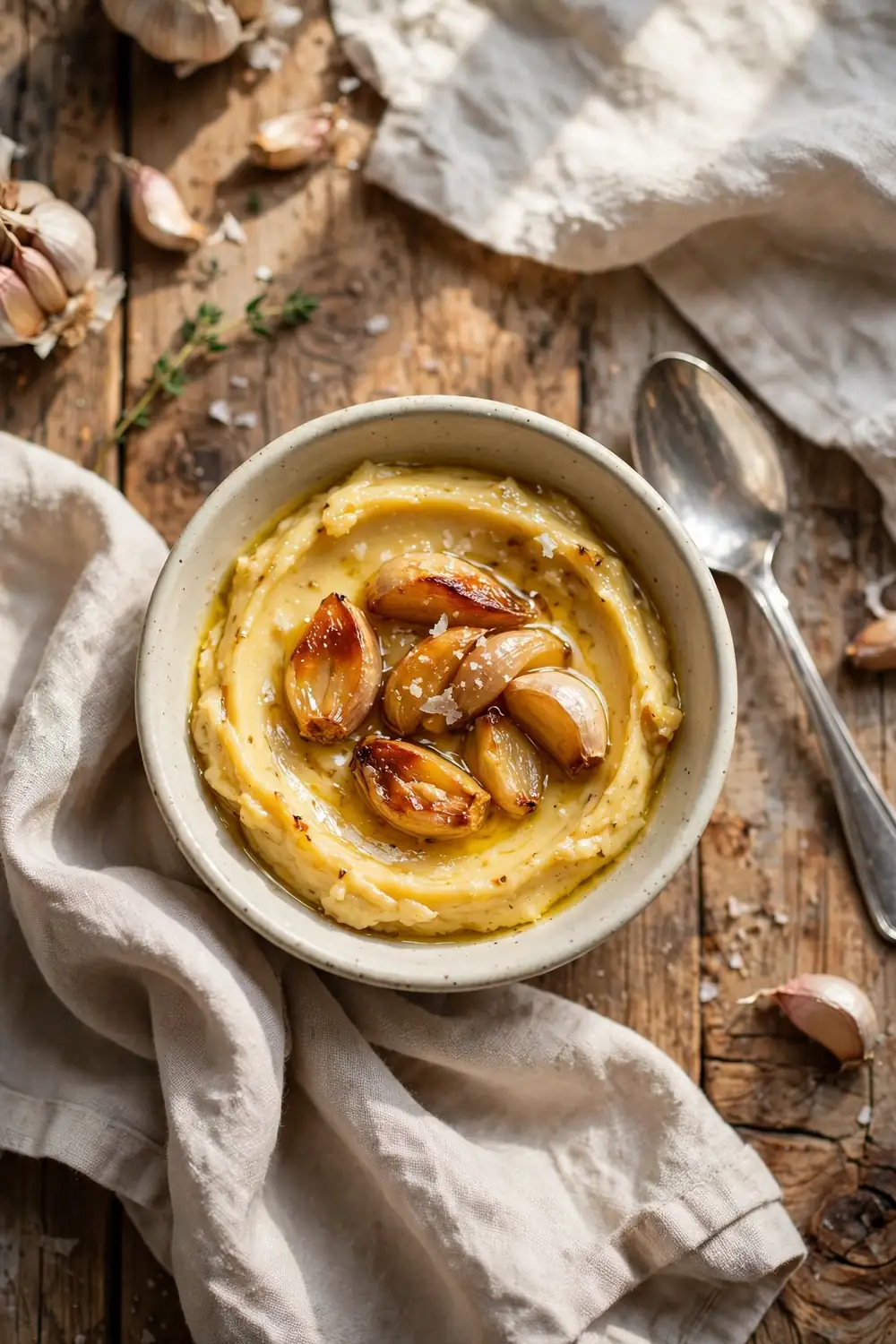 Golden garlic butter spread in a small bowl with roasted garlic heads and a spoon