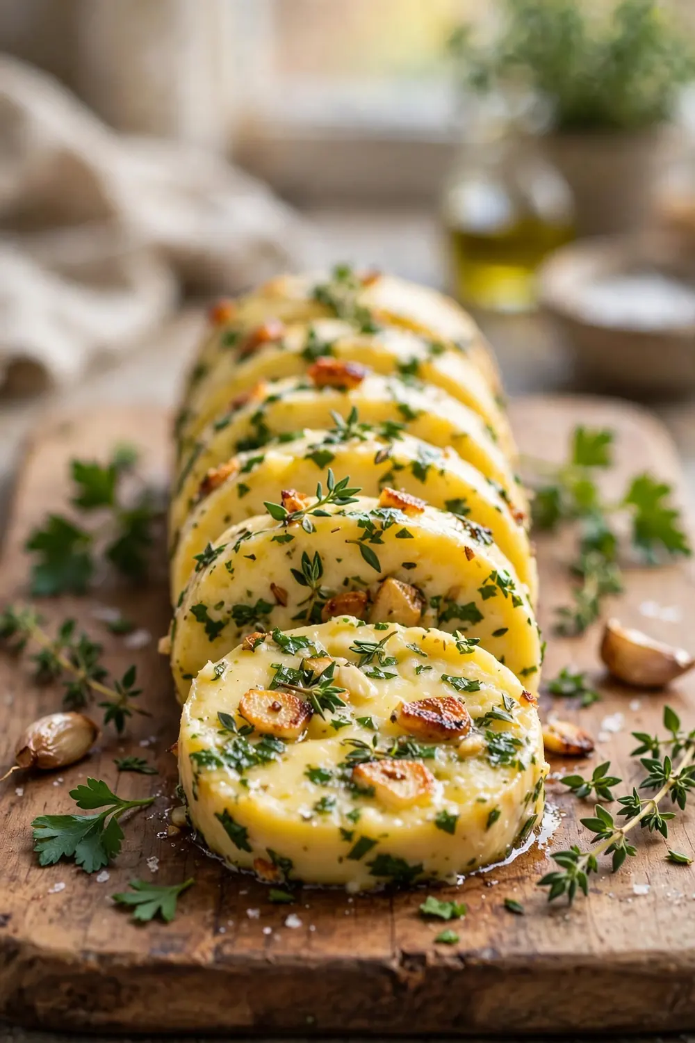 Herb garlic butter log sliced into coins with parsley and thyme on a board