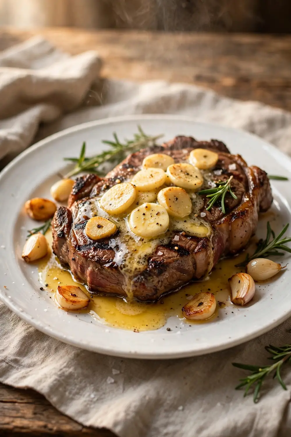 Garlic butter coins melting over a hot grilled steak on a plate