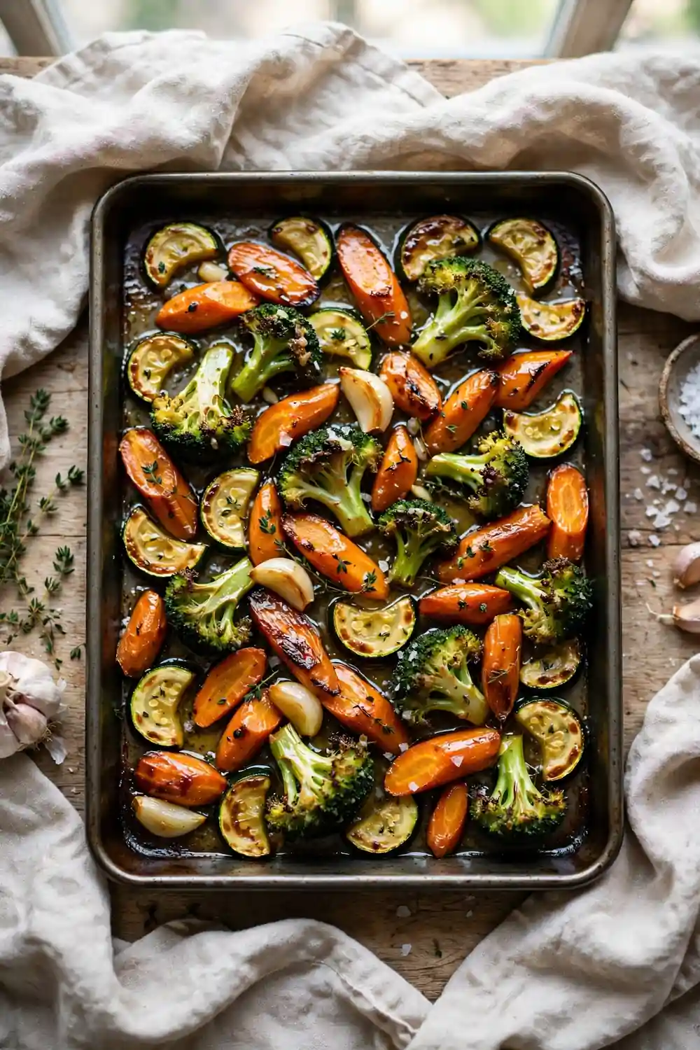 Roasted vegetables tossed with melted garlic butter on a sheet pan