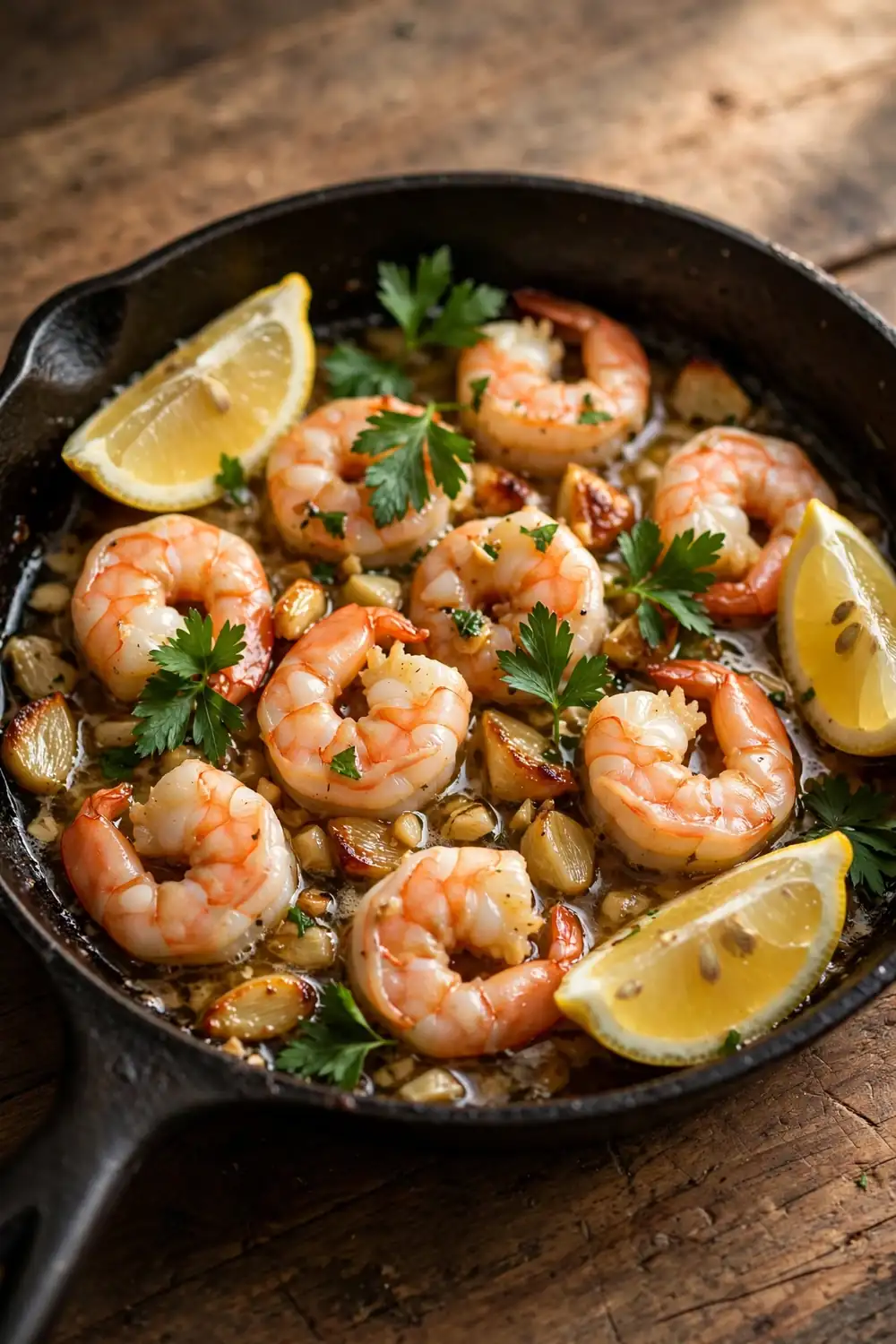Shrimp skillet with melted garlic butter sauce, lemon, and parsley