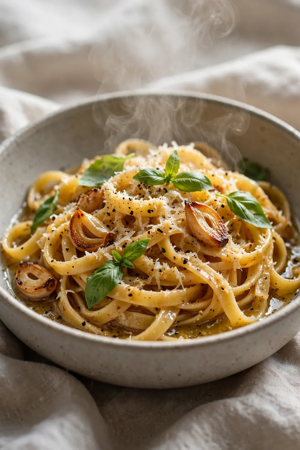 Pasta tossed with melted garlic butter sauce and grated cheese in a bowl