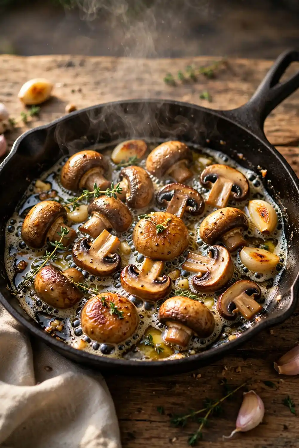 Mushrooms sizzling in garlic butter in a skillet with thyme