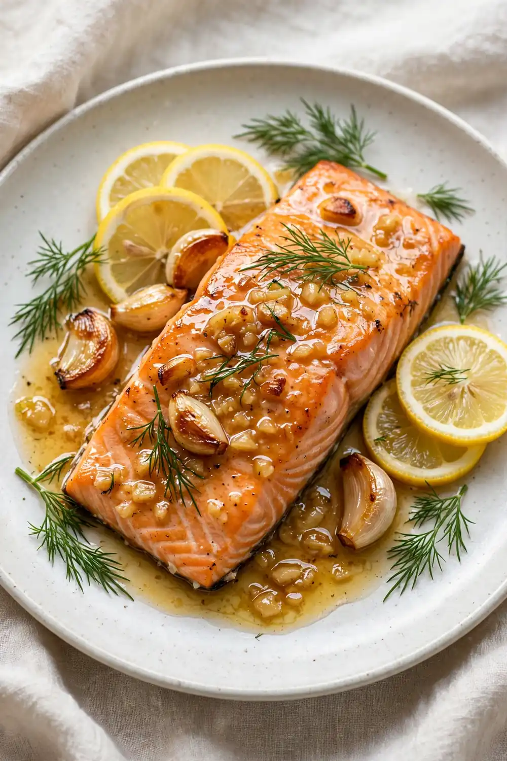Salmon fillet glazed with melted garlic butter and lemon slices