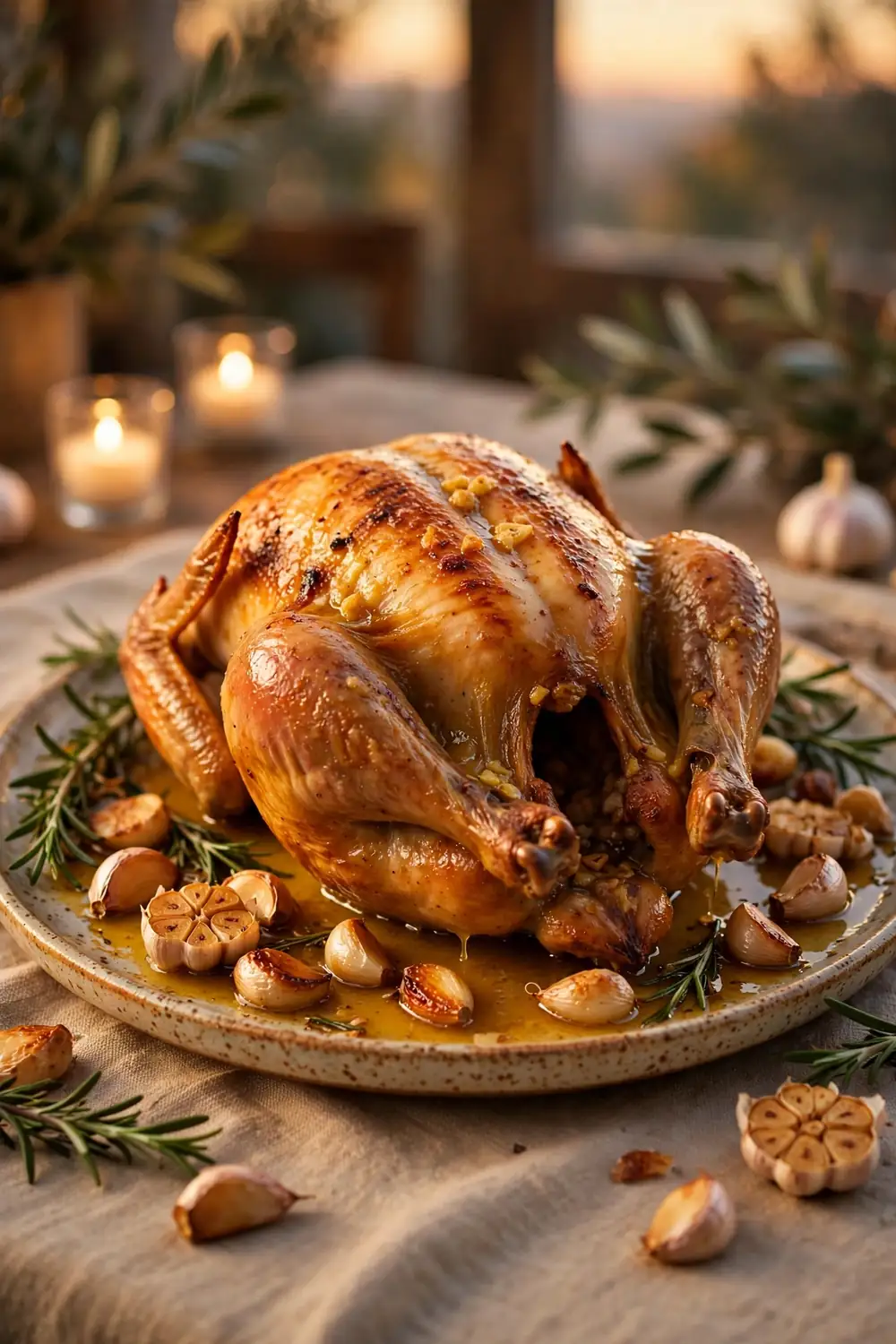 Roast chicken basted with golden garlic butter on a platter
