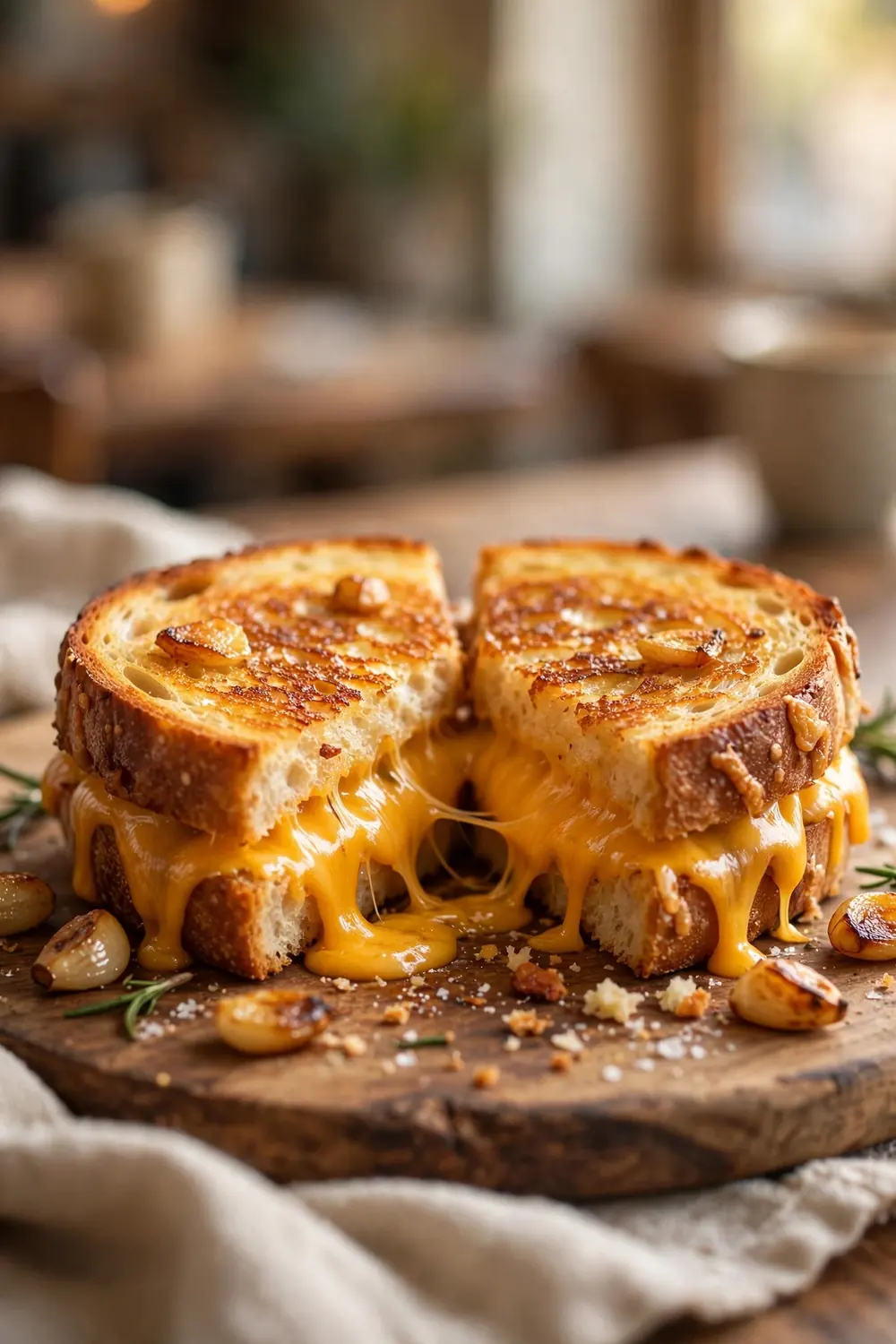 Grilled cheese sandwich made with garlic butter and melted cheddar