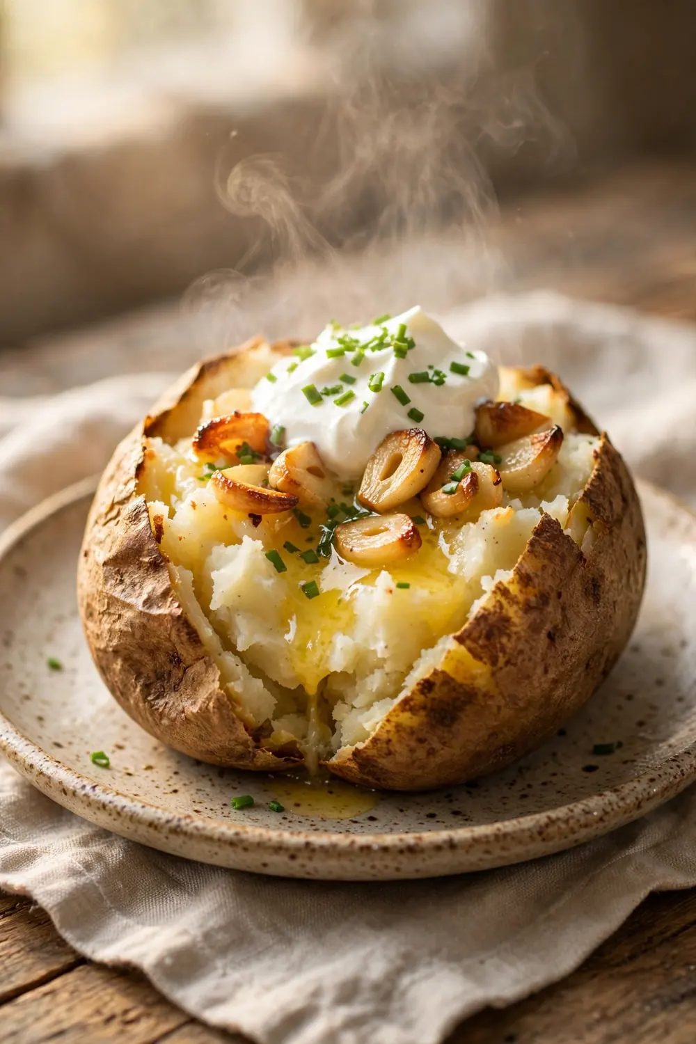 Baked potato topped with melting garlic butter, chives, and sour cream
