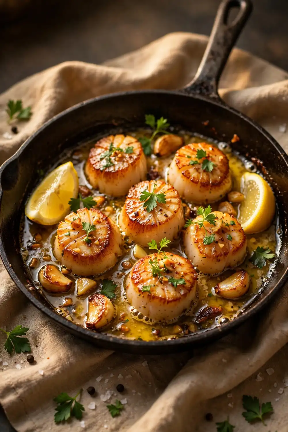 Seared scallops in garlic butter sauce with lemon in a pan