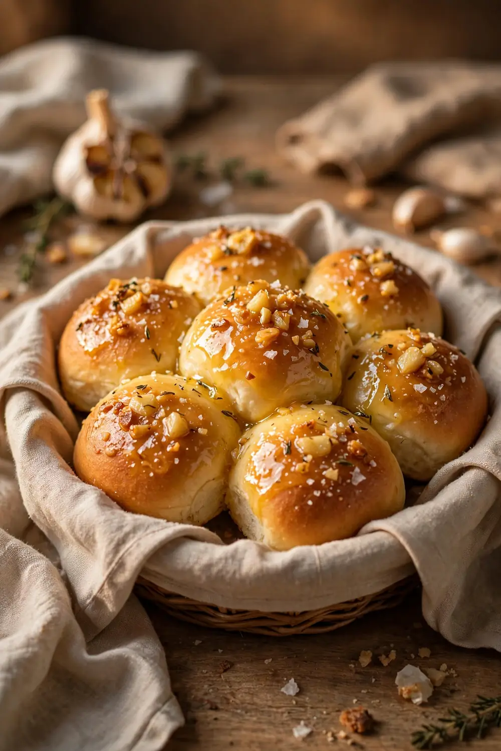 Dinner rolls brushed with golden garlic butter in a basket