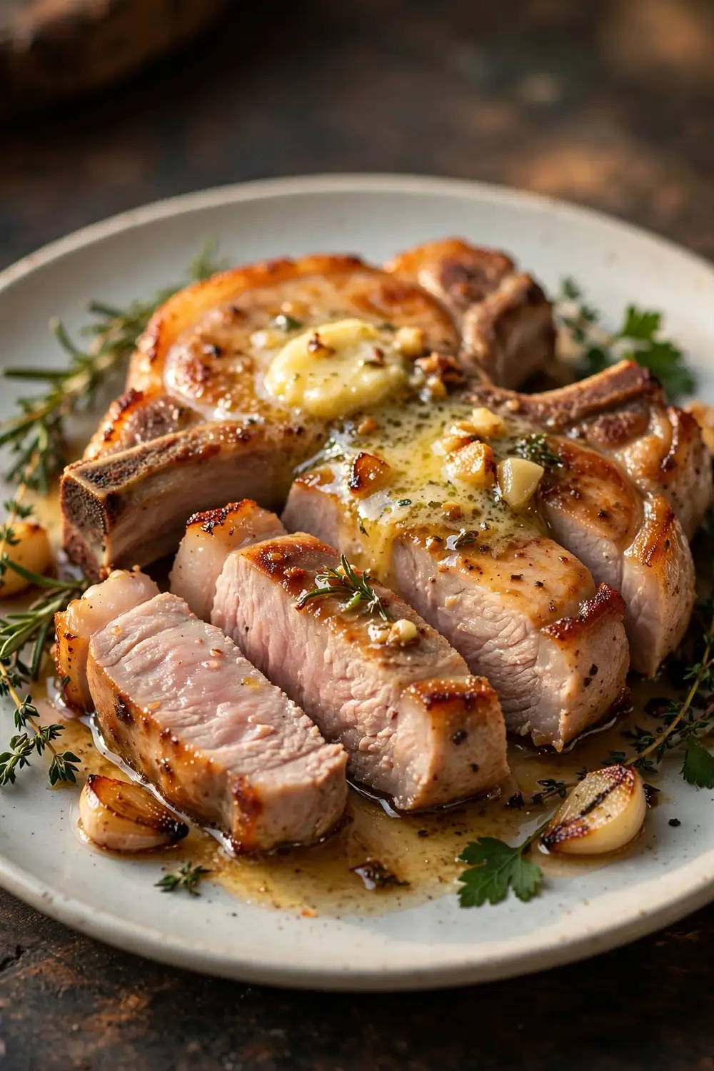 Pork chops finished with a melting garlic butter coin on a plate