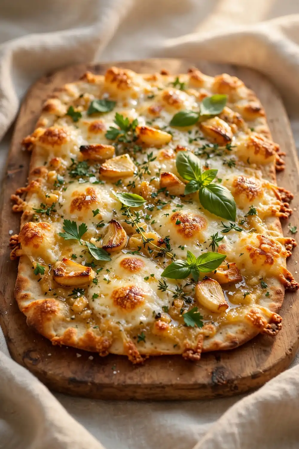 Flatbread with garlic butter base, cheese, and herbs on a board