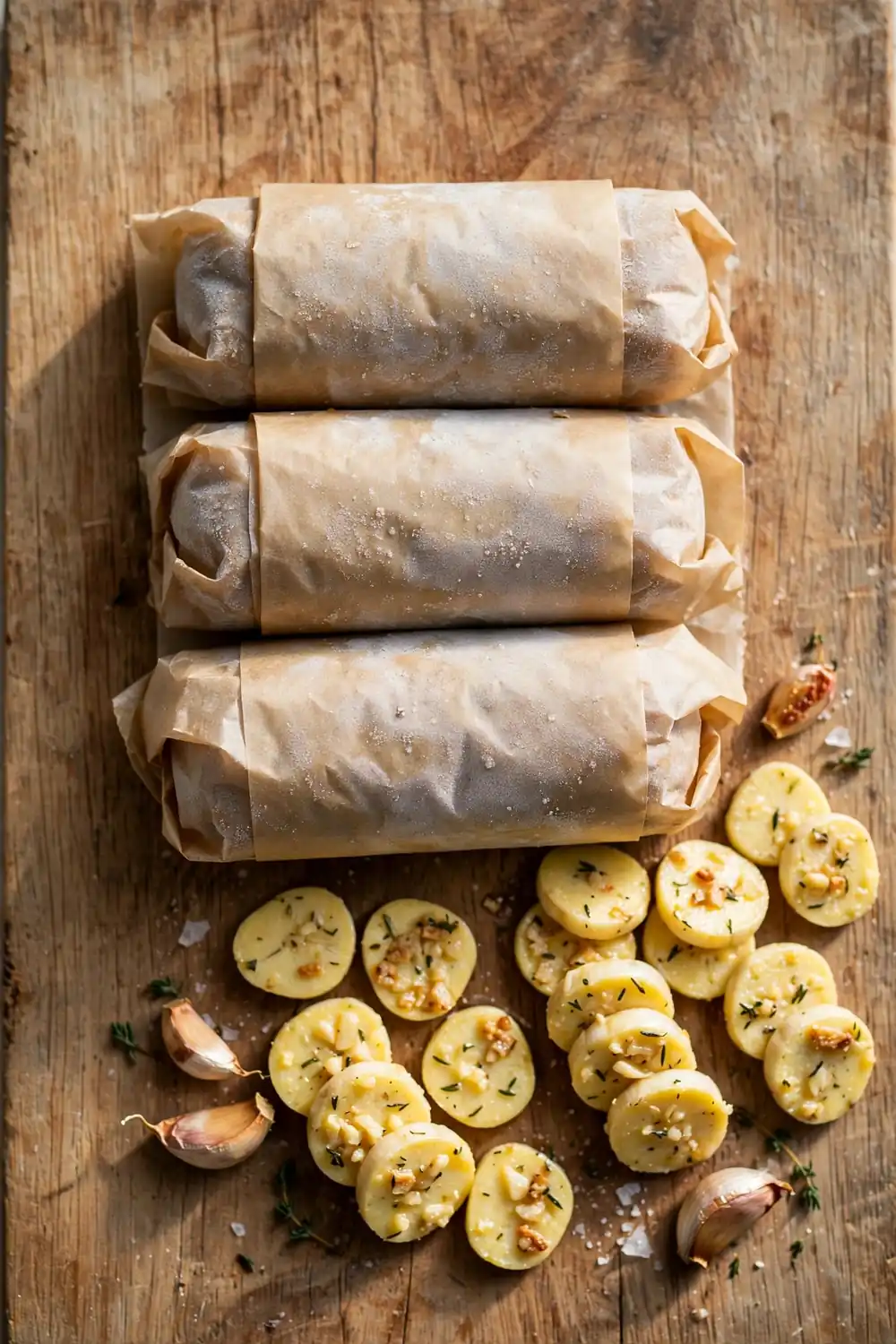 Freezer garlic butter logs wrapped in parchment with coins sliced