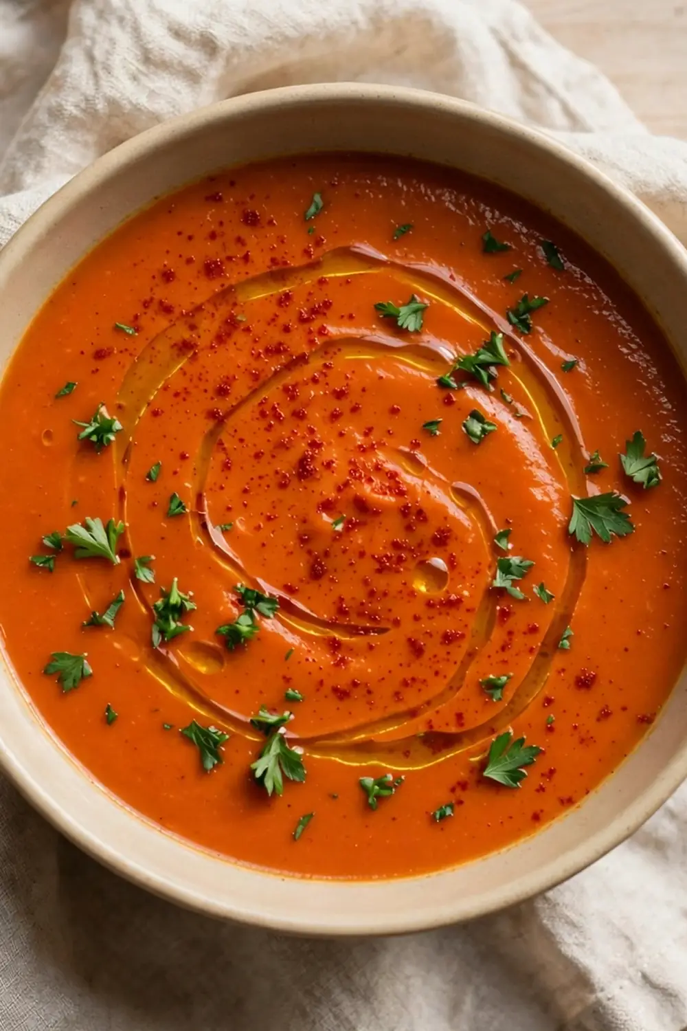 red pepper soup bowl with smoked paprika and parsley