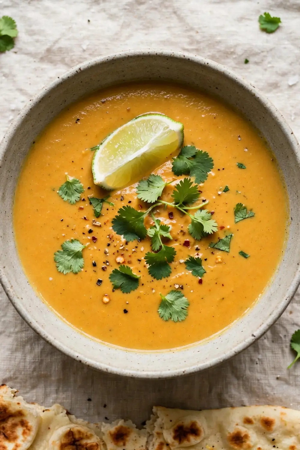 coconut curry red pepper soup bowl with lime