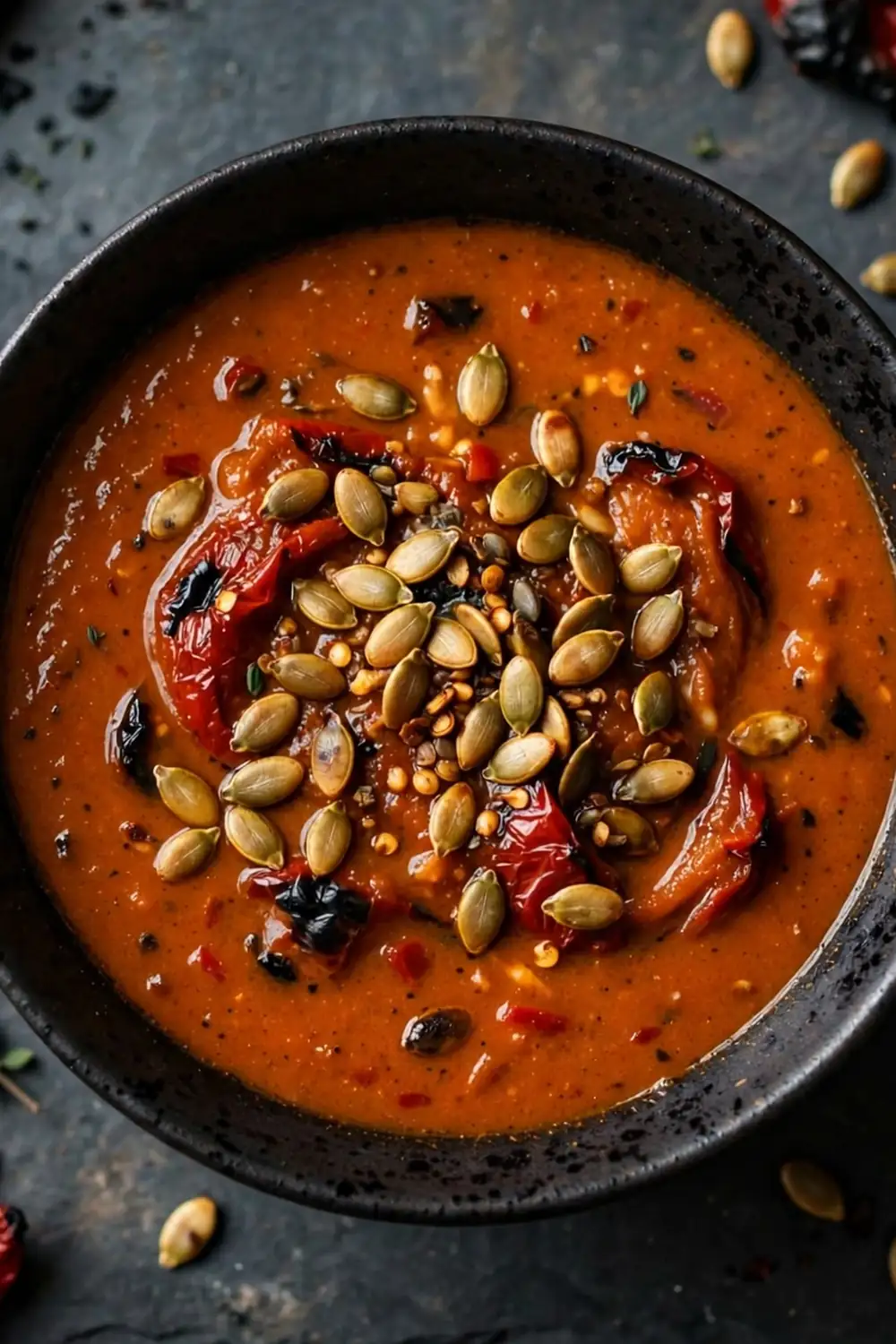 charred red pepper soup bowl with toasted seeds
