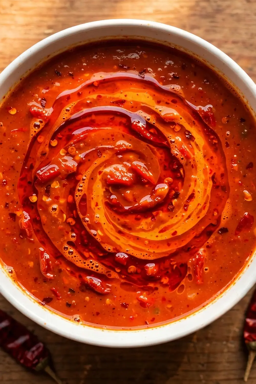spicy harissa red pepper soup bowl with chili oil
