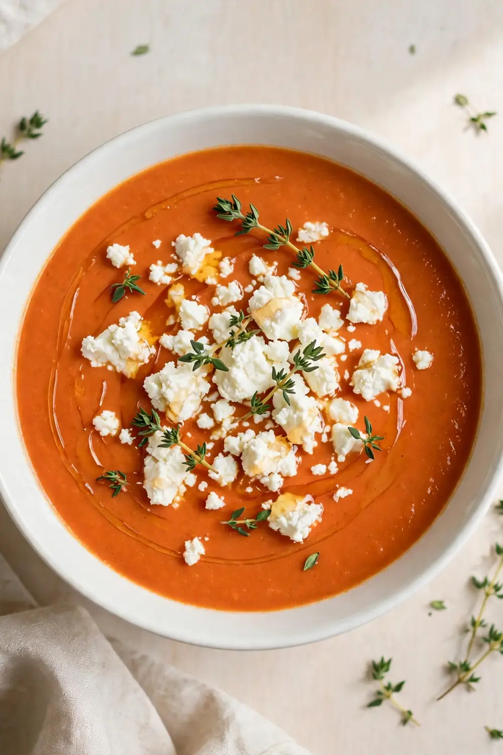 red pepper soup bowl with goat cheese drizzle and thyme