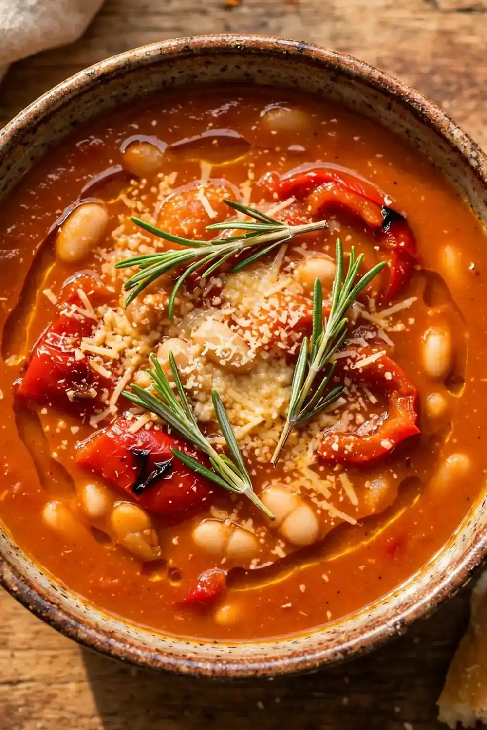 red pepper soup bowl with white beans and rosemary