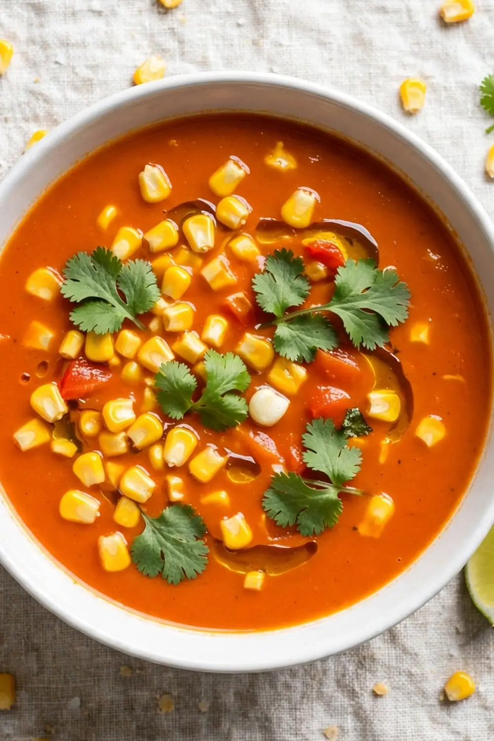 red pepper soup bowl with sweet corn and cilantro