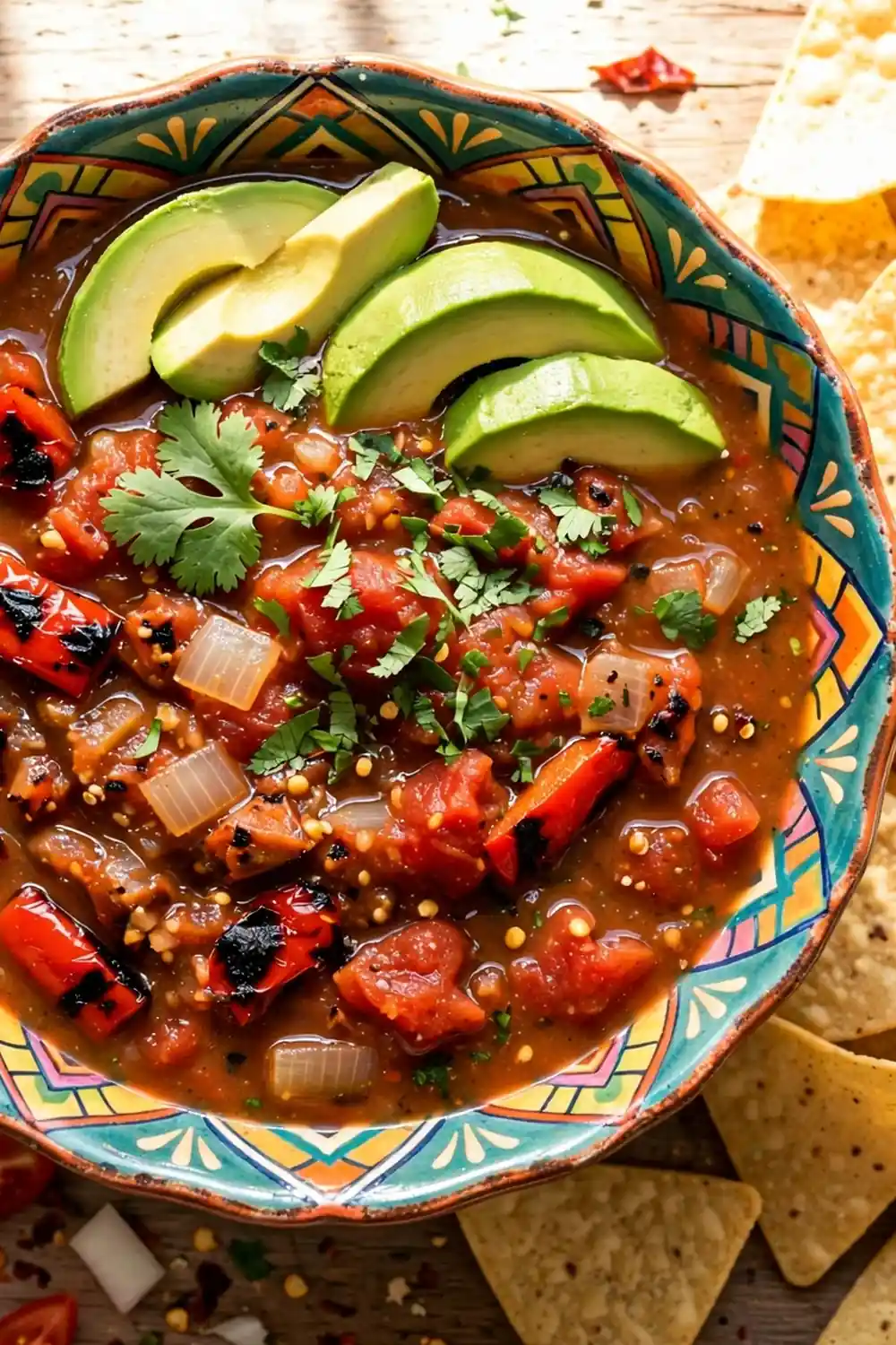 fire roasted salsa style red pepper soup bowl with chips