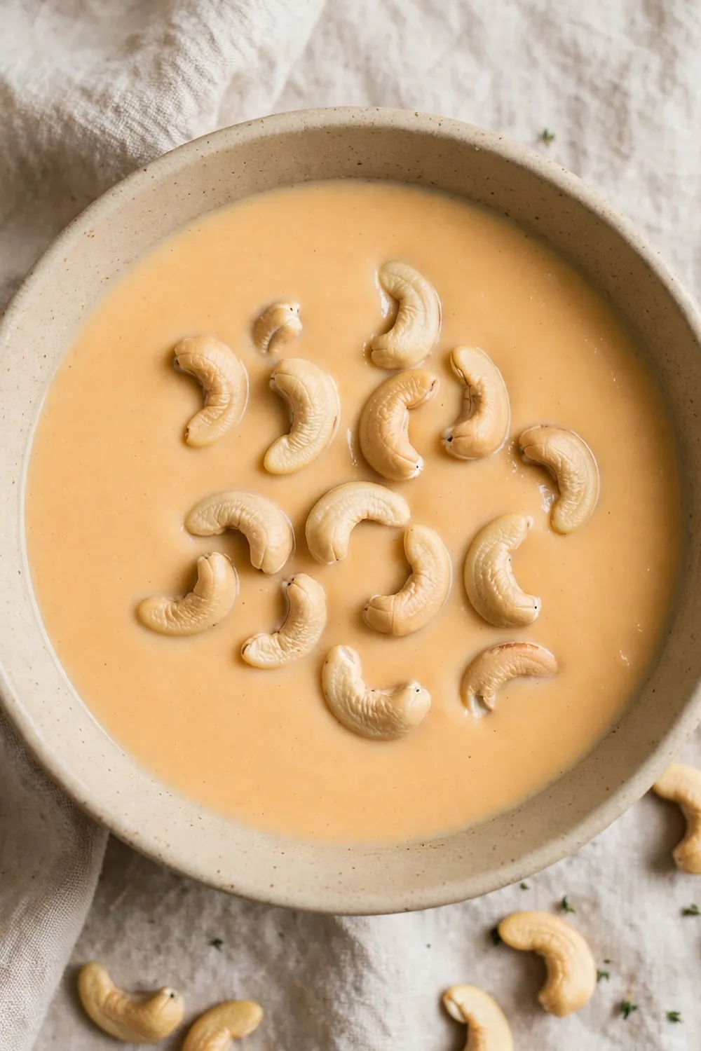 creamy cashew red pepper soup bowl with cashews