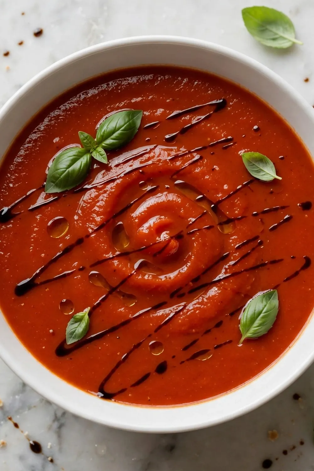 red pepper soup bowl with balsamic glaze drizzle