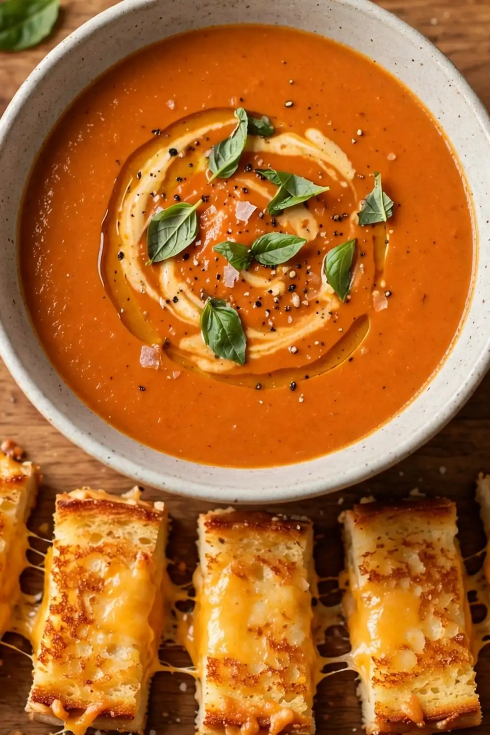 red pepper soup bowl with grilled cheese dippers