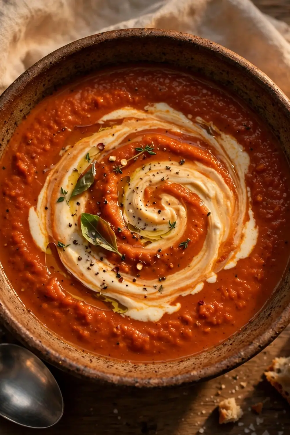 slow simmered red pepper soup bowl with bread