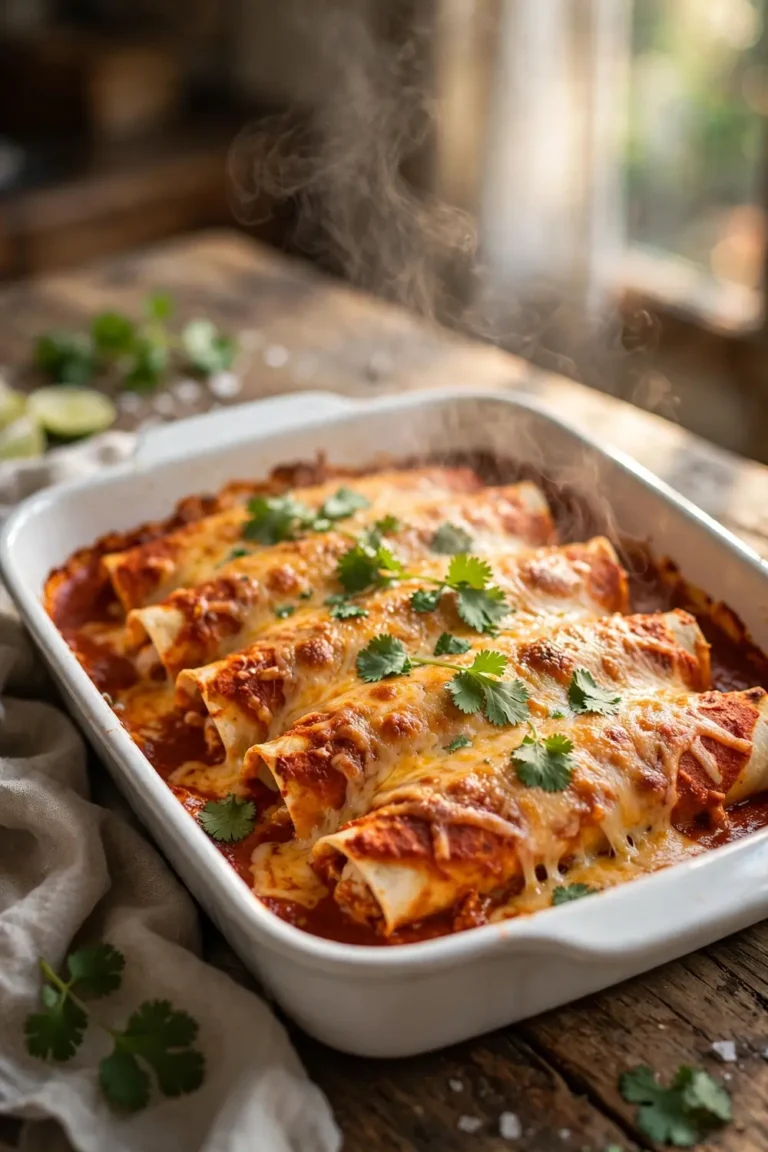 Creamy chicken enchiladas with red sauce and melted cheese in a white baking dish