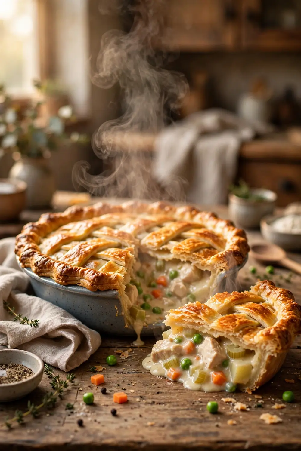Golden chicken pot pie with flaky lattice crust on a wooden table