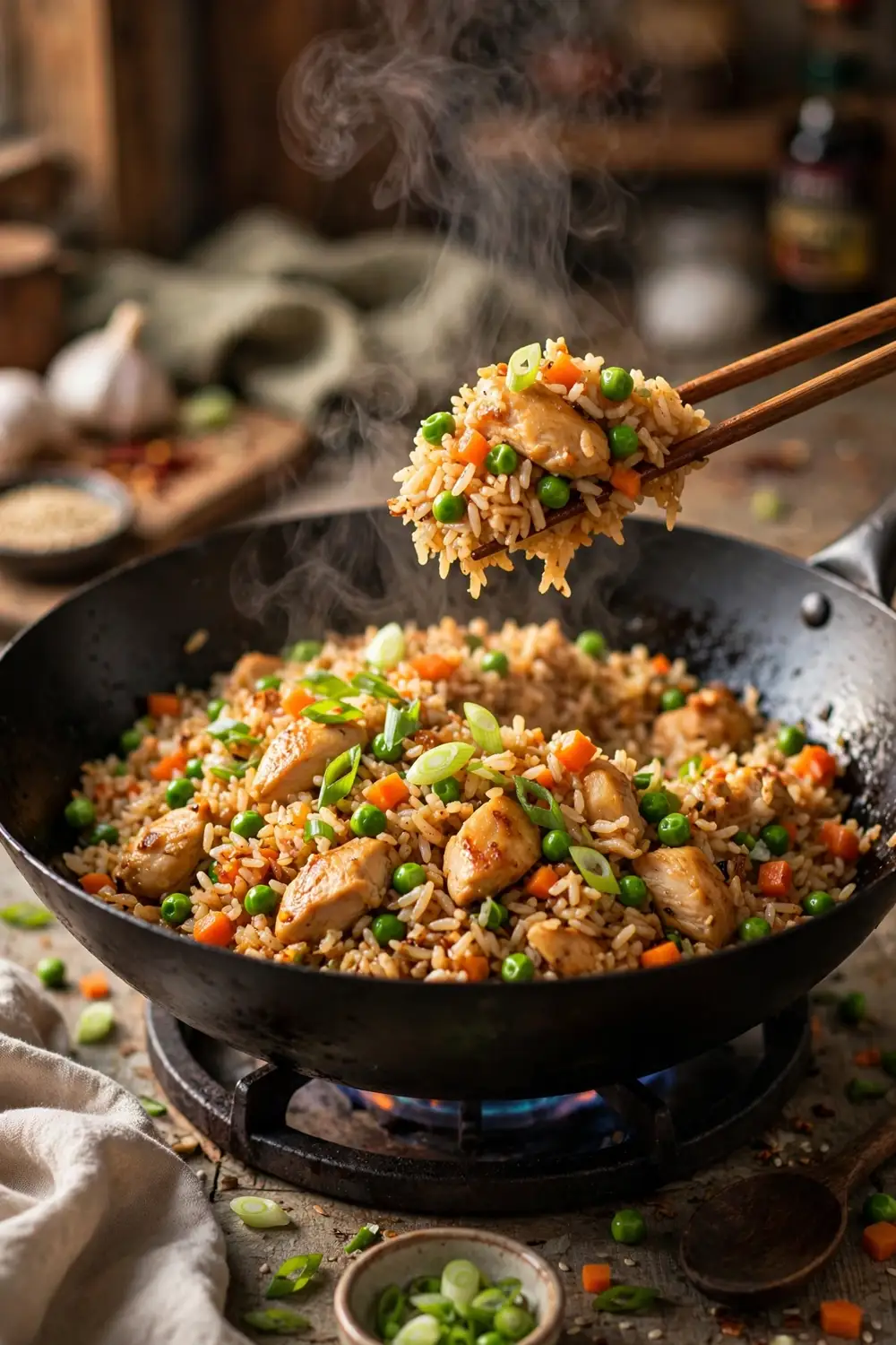 Chicken fried rice with peas carrots and scallions in a hot wok