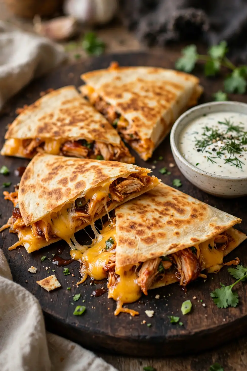 Cheesy barbecue chicken quesadillas sliced into triangles with ranch dip