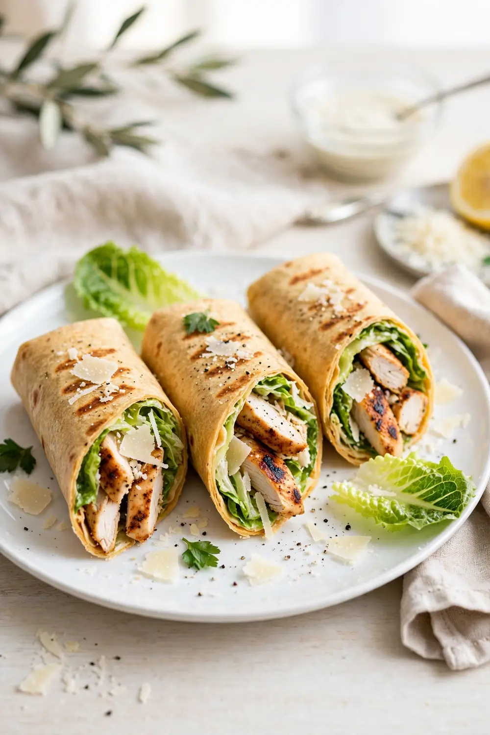 Chicken caesar wraps sliced diagonally showing romaine and parmesan