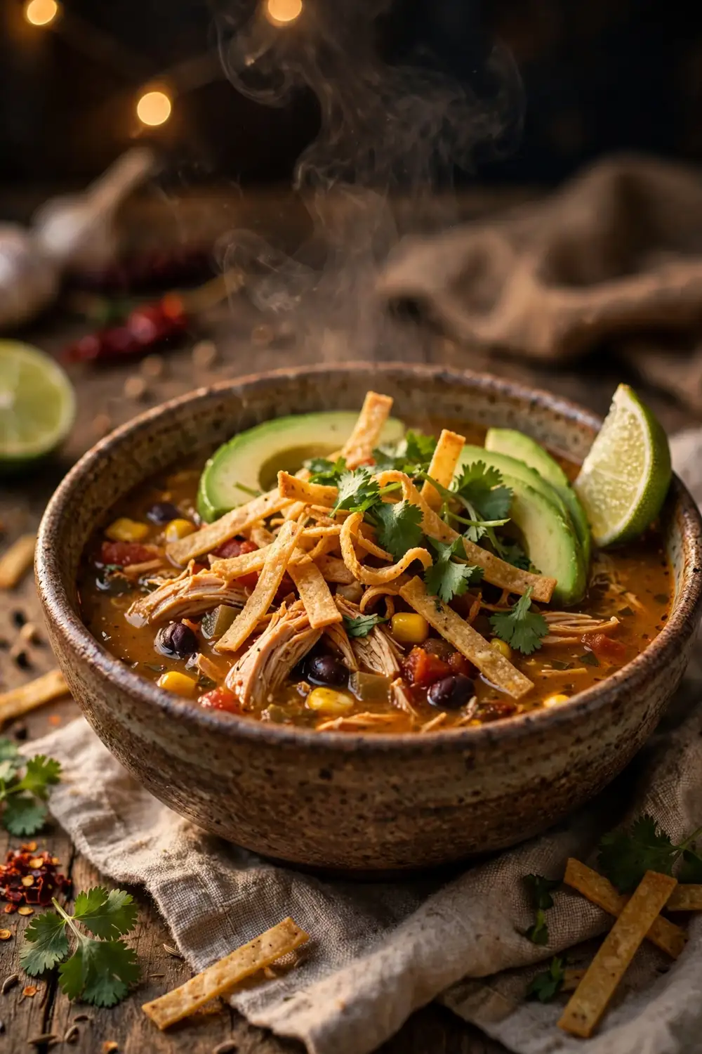 Smoky chicken tortilla soup with crispy strips avocado and lime