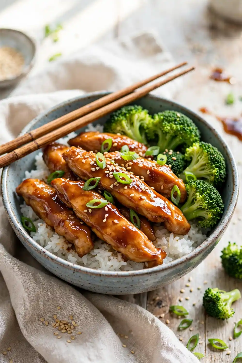 Teriyaki chicken rice bowls with broccoli sesame seeds and scallions