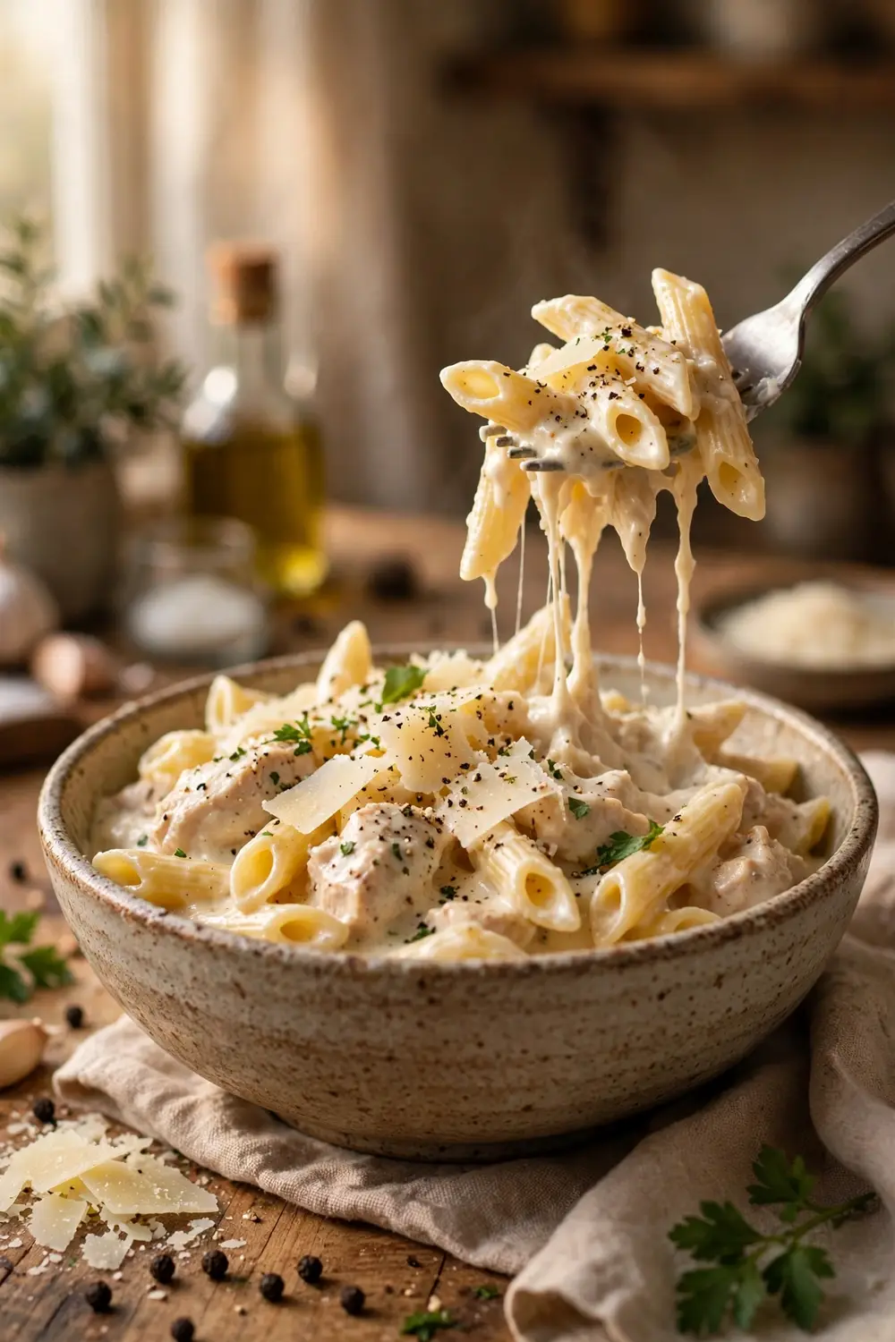 Creamy chicken alfredo penne with parmesan in a rustic bowl