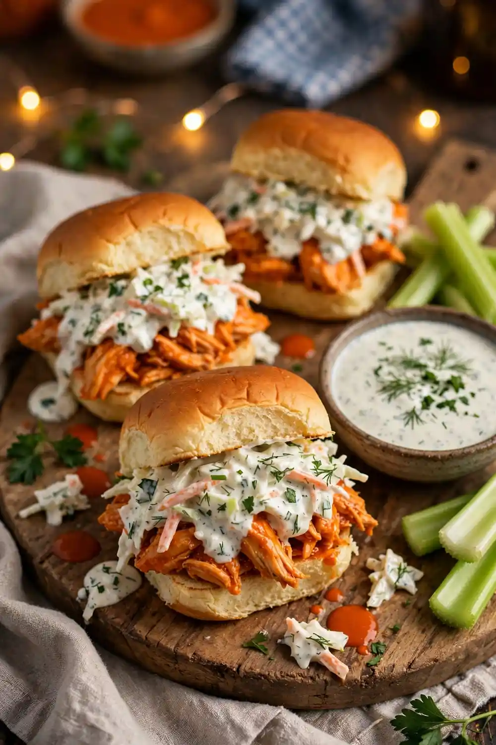 Buffalo chicken sliders with ranch slaw on soft buns
